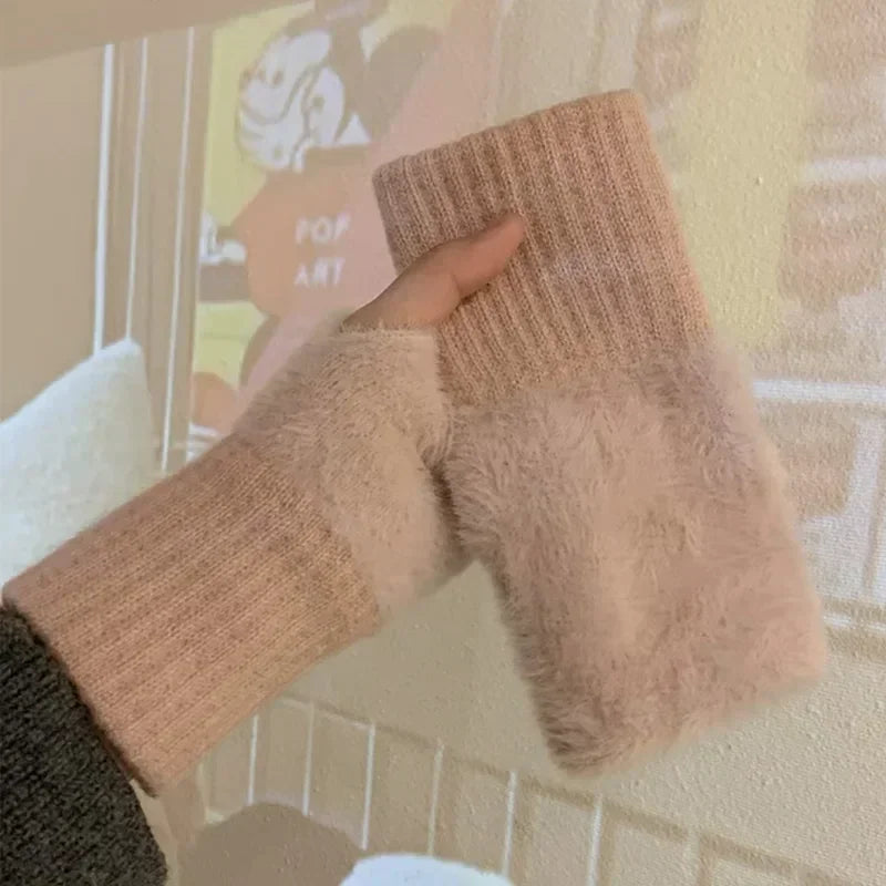 Soft Winter Half Finger Gloves Women Warm Luxury Solid White Plush Knitted Fingerless Gloves Wrist Mittens Writting
