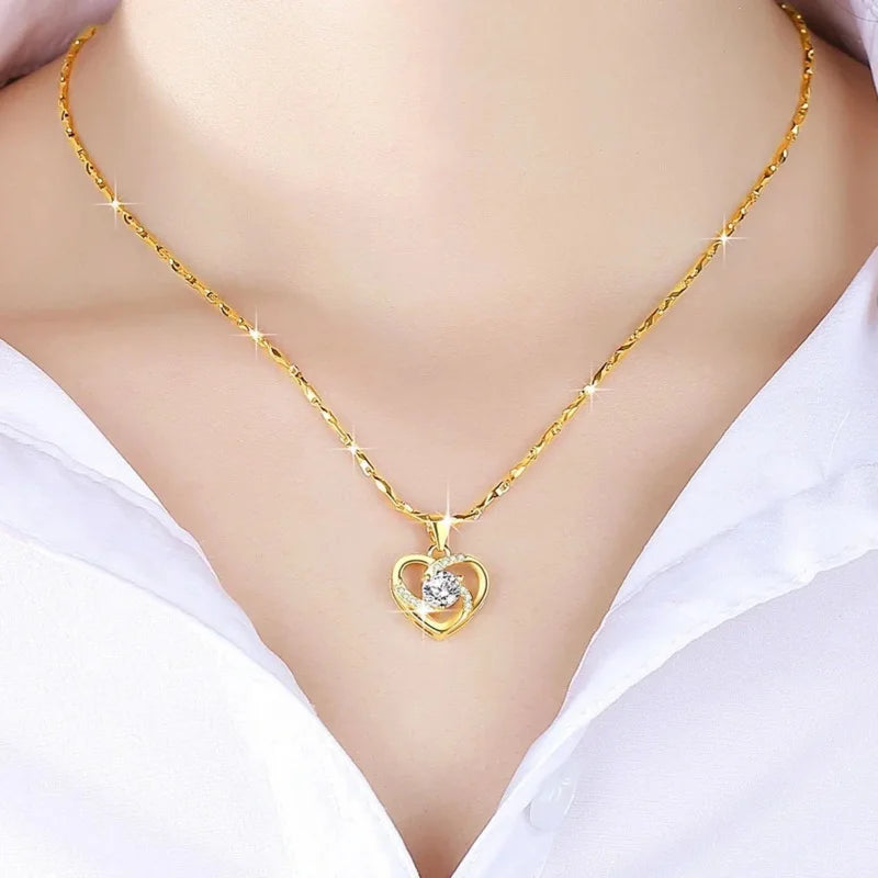 Luxury 24K 9999 Pure Gold Real Gold Women'S Collarbone Chain Smart Love Pendant Necklace