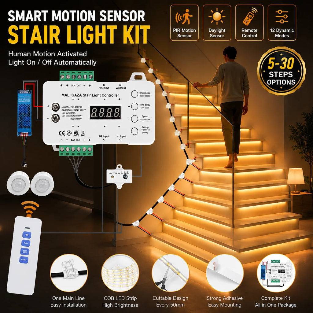 COB LED Strip PIR Motion Sensor Stair Lights Kit Step by Step Control Indoor Smart Staircase Lighting Controller with Main Line