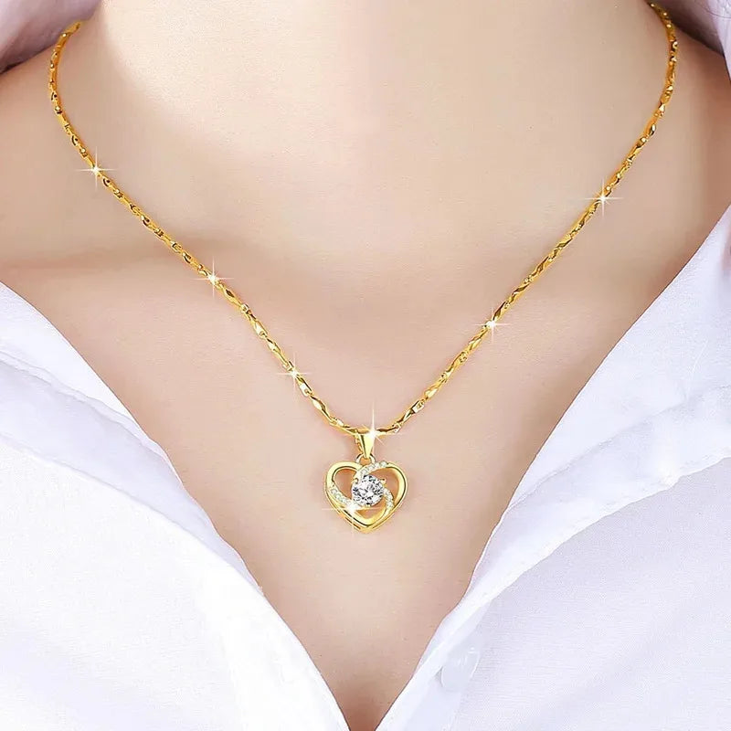 Luxury 24K 9999 Pure Gold Real Gold Women'S Collarbone Chain Smart Love Pendant Necklace