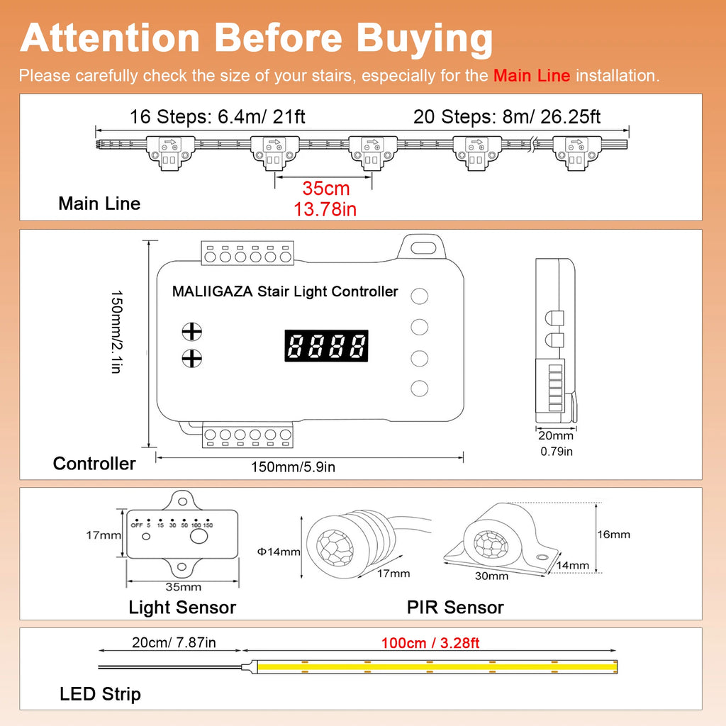 COB LED Strip PIR Motion Sensor Stair Lights Kit Step by Step Control Indoor Smart Staircase Lighting Controller with Main Line