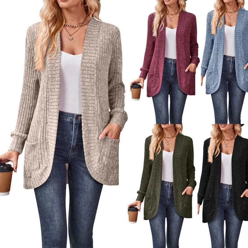 2026 Spring Autumn Women Cardigan Sweater Solid Color Pit Brushed Casual Patchwork Long Sleeved Jacket Women's Knitted Coat